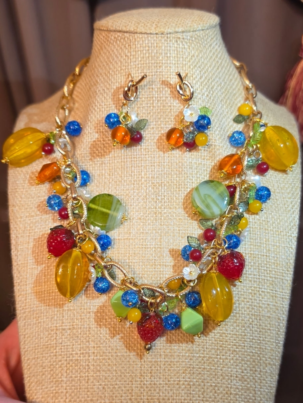 Vintage Fruit Salad Necklace Earrings Set Handmade Art Glass Murano Gold Tone